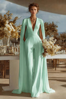 Load image into Gallery viewer, Ivory Satin Deep V-Neck Bridal Jumpsuits with Cape