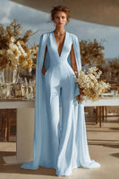 Load image into Gallery viewer, Ivory Satin Deep V-Neck Bridal Jumpsuits with Cape