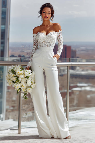 White Sweetheart Satin Bridal Jumpsuits with Lace