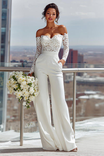 White Sweetheart Satin Bridal Jumpsuits with Lace