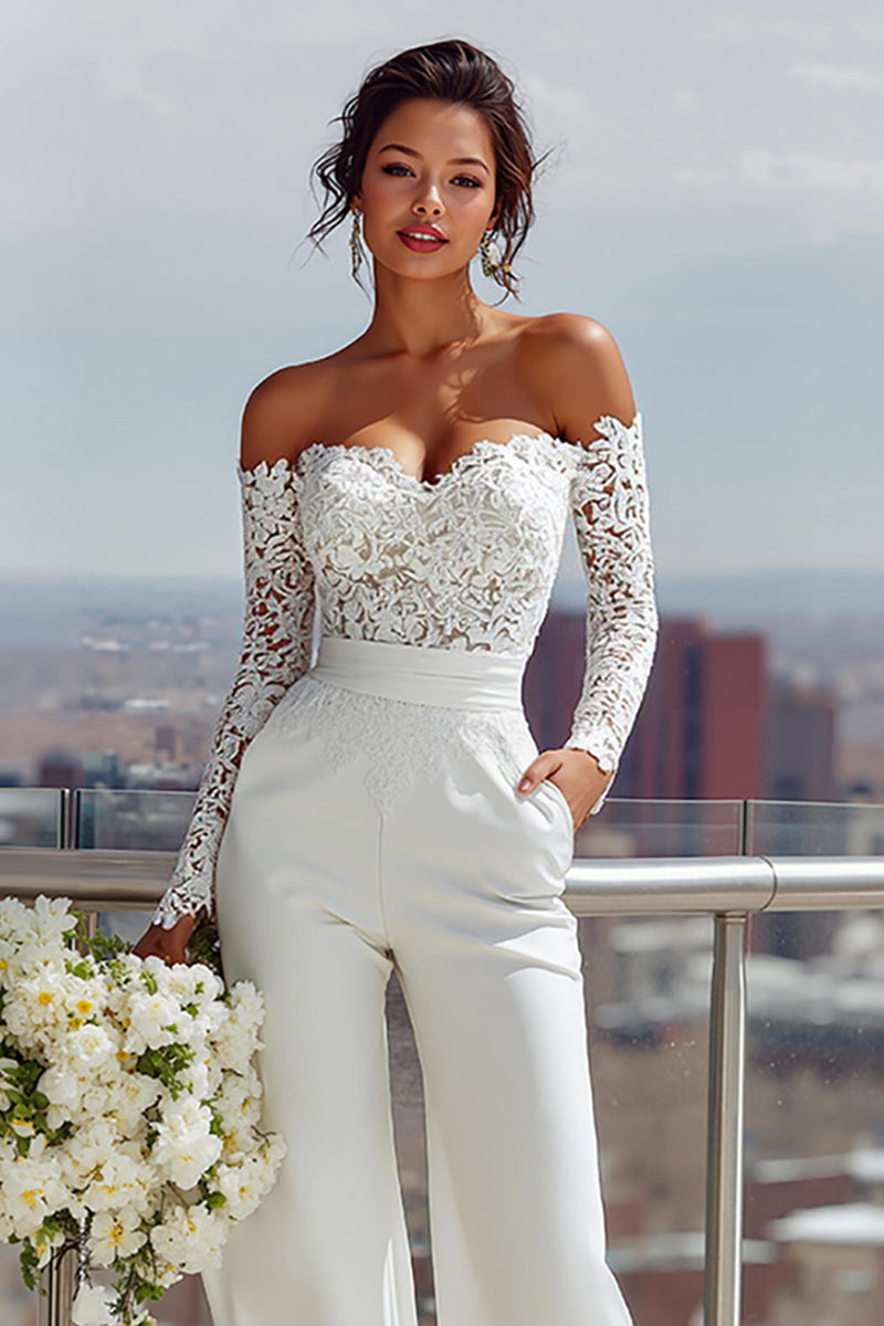 Load image into Gallery viewer, White Sweetheart Satin Bridal Jumpsuits with Lace