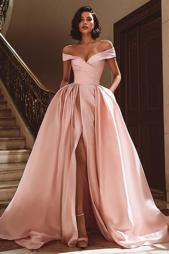 White A Line Off the Shoulder Satin Sweep Train Wedding Dress with Slit