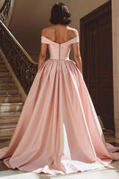 Load image into Gallery viewer, White A Line Off the Shoulder Satin Sweep Train Wedding Dress with Slit