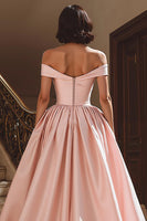 Load image into Gallery viewer, White A Line Off the Shoulder Satin Sweep Train Wedding Dress with Slit