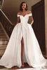 Load image into Gallery viewer, White A Line Off the Shoulder Satin Sweep Train Wedding Dress with Slit
