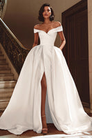 Load image into Gallery viewer, White A Line Off the Shoulder Satin Sweep Train Wedding Dress with Slit