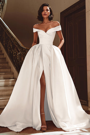White A Line Off the Shoulder Satin Sweep Train Wedding Dress with Slit