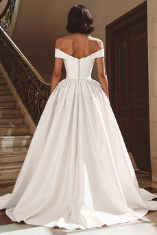 White A Line Off the Shoulder Satin Sweep Train Wedding Dress with Slit