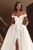 Load image into Gallery viewer, White A Line Off the Shoulder Satin Sweep Train Wedding Dress with Slit