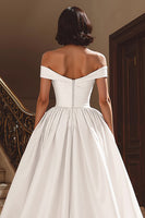 Load image into Gallery viewer, White A Line Off the Shoulder Satin Sweep Train Wedding Dress with Slit