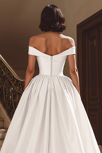 White A Line Off the Shoulder Satin Sweep Train Wedding Dress with Slit