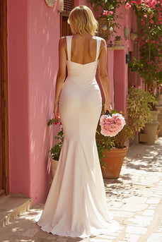 White Thick Straps Floor-Length Mermaid Wedding Dress with Rhinestone