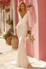 Load image into Gallery viewer, White V-Neck Ruched Mermaid Sweep Train Wedding Dress with Sleeves