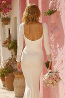 Load image into Gallery viewer, White V-Neck Ruched Mermaid Sweep Train Wedding Dress with Sleeves