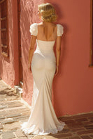 Load image into Gallery viewer, Ivory Ruched Mermaid V-Neck Floor-Length Wedding Dress with Slit