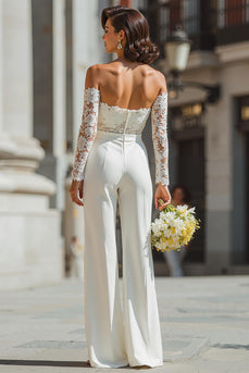 White Sweetheart Appliqued Lace Bridal Jumpsuits with Sleeves