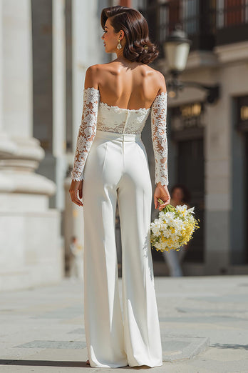 White Sweetheart Appliqued Lace Bridal Jumpsuits with Sleeves