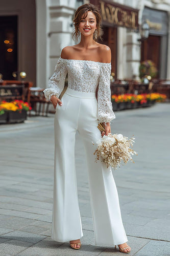 White Long Sleeves Wide Leg Bridal Jumpsuits with Appliques