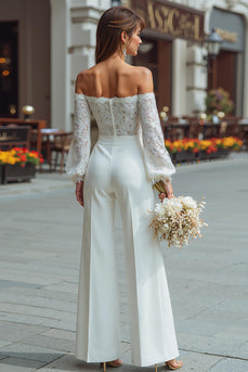 White Long Sleeves Wide Leg Bridal Jumpsuits with Appliques