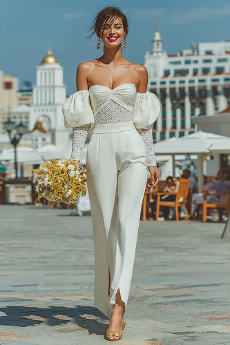 White Puff Sleeves Sweetheart Bridal Jumpsuits with Lace