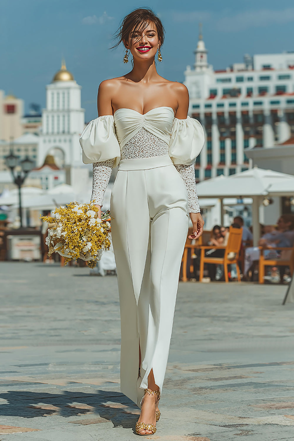 White Puff Sleeves Sweetheart Bridal Jumpsuits with Lace