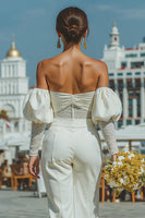 Load image into Gallery viewer, White Puff Sleeves Sweetheart Bridal Jumpsuits with Lace