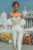 Load image into Gallery viewer, White Puff Sleeves Sweetheart Bridal Jumpsuits with Lace