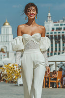 Load image into Gallery viewer, White Puff Sleeves Sweetheart Bridal Jumpsuits with Lace