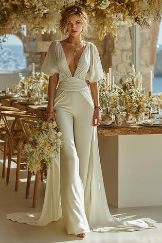 Ivory Short Sleeves Deep V-Neck Bridal Jumpsuits with Cape