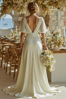 Load image into Gallery viewer, Ivory Short Sleeves Deep V-Neck Bridal Jumpsuits with Cape