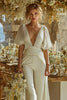 Load image into Gallery viewer, Ivory Short Sleeves Deep V-Neck Bridal Jumpsuits with Cape