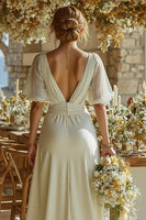 Load image into Gallery viewer, Ivory Short Sleeves Deep V-Neck Bridal Jumpsuits with Cape