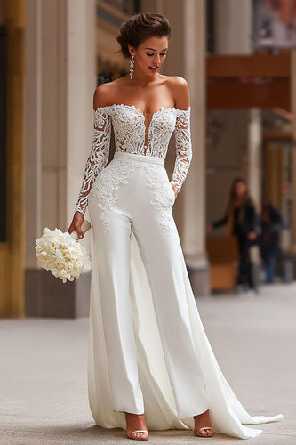 White Appliqued Long Sleeves Lace Bridal Jumpsuits with Cape
