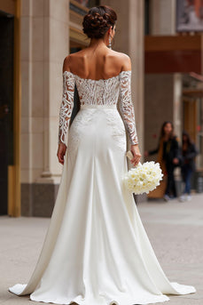 White Appliqued Long Sleeves Lace Bridal Jumpsuits with Detachable Cape