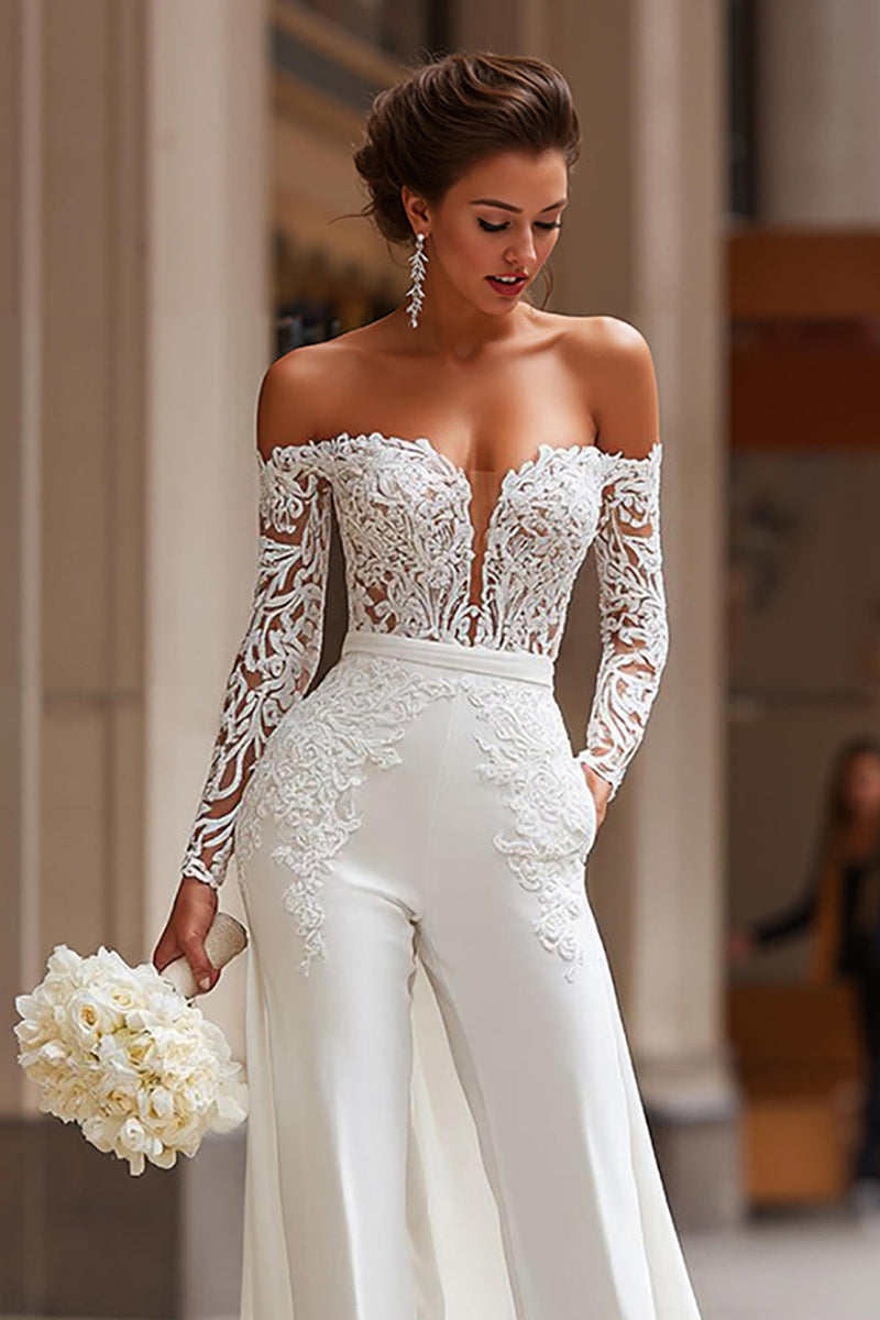 Load image into Gallery viewer, White Appliqued Long Sleeves Lace Bridal Jumpsuits with Cape