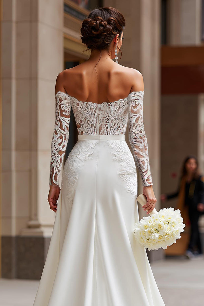 Load image into Gallery viewer, White Appliqued Long Sleeves Lace Bridal Jumpsuits with Detachable Cape