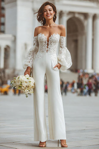 White Appliqued Long Sleeves Lace Bridal Jumpsuits with Pockets