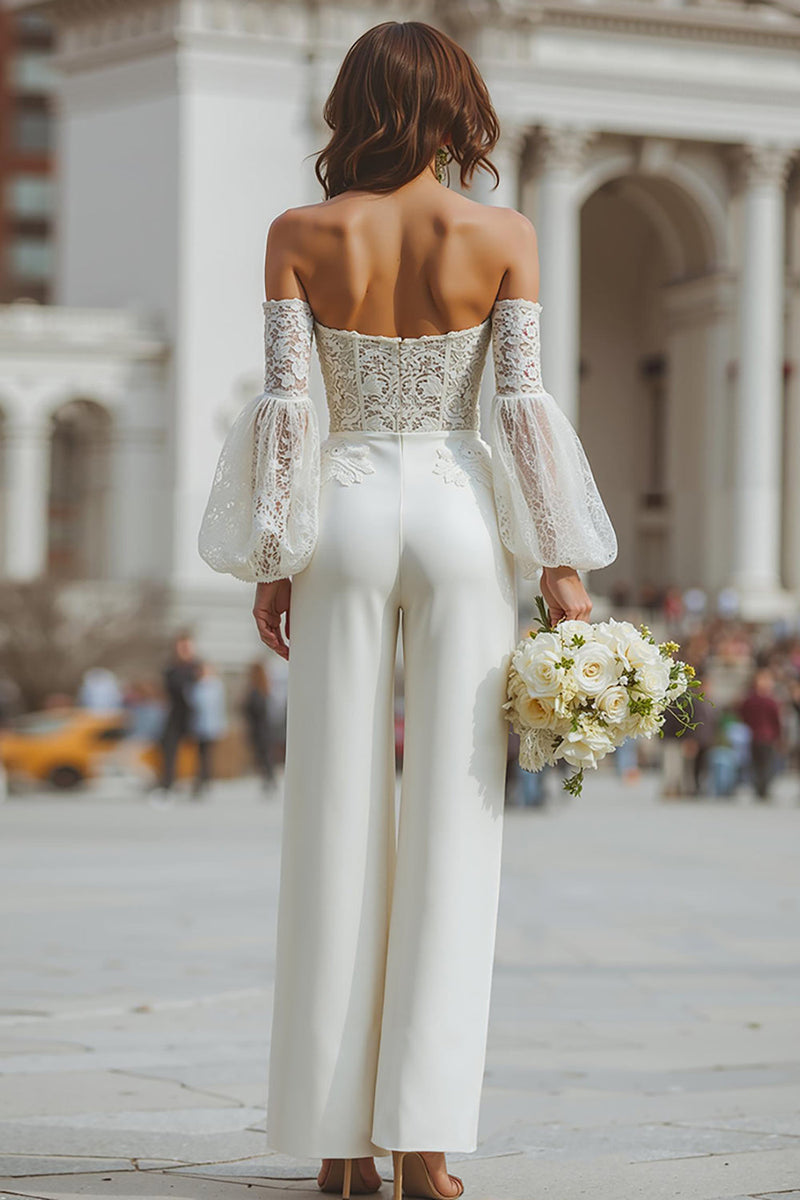 Load image into Gallery viewer, White Appliqued Long Sleeves Lace Bridal Jumpsuits with Pockets