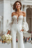 Load image into Gallery viewer, White Appliqued Long Sleeves Lace Bridal Jumpsuits with Pockets