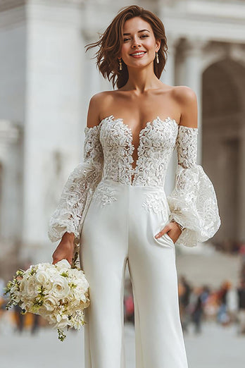 White Appliqued Long Sleeves Lace Bridal Jumpsuits with Pockets