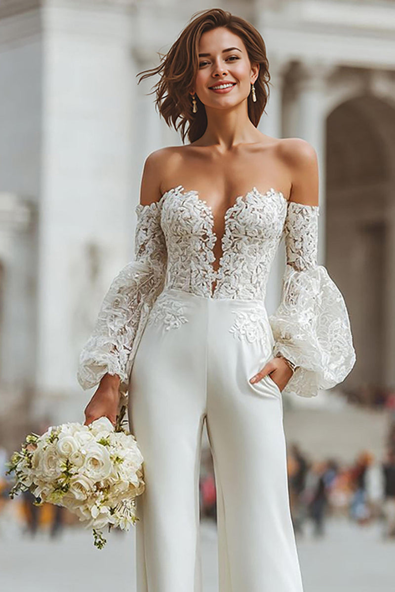Load image into Gallery viewer, White Appliqued Long Sleeves Lace Bridal Jumpsuits with Pockets