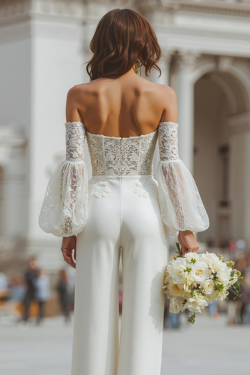 Load image into Gallery viewer, White Appliqued Long Sleeves Lace Bridal Jumpsuits with Pockets