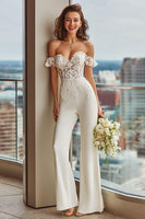 Load image into Gallery viewer, White Off the Shoulder Lace Bridal Jumpsuits