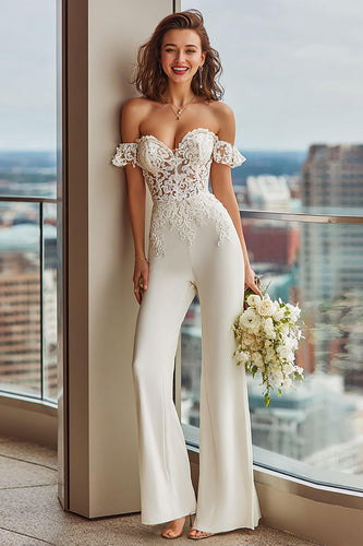 White Off the Shoulder Lace Bridal Jumpsuits