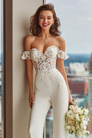 Load image into Gallery viewer, White Off the Shoulder Lace Bridal Jumpsuits