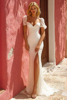 Load image into Gallery viewer, White Ruched Sweep Train Mermaid Wedding Dress with Slit