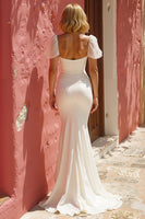 Load image into Gallery viewer, White Ruched Sweep Train Mermaid Wedding Dress with Slit