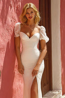 Load image into Gallery viewer, White Ruched Sweep Train Mermaid Wedding Dress with Slit