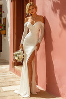Load image into Gallery viewer, White Ruched Off the Shoulder Mermaid Floor-Length Wedding Dress with Slit
