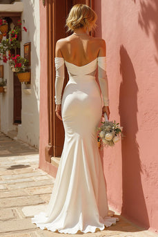 White Ruched Off the Shoulder Mermaid Floor-Length Wedding Dress with Slit